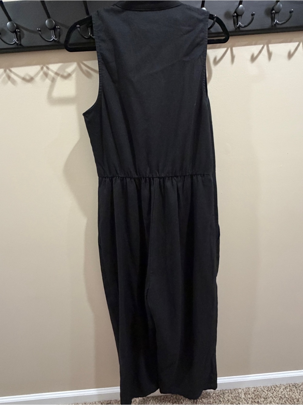 Women's Black Cotton Linen Sleeveless Collared Jumpsuit With Cargo Pockets Sz L - Picture 4 of 14